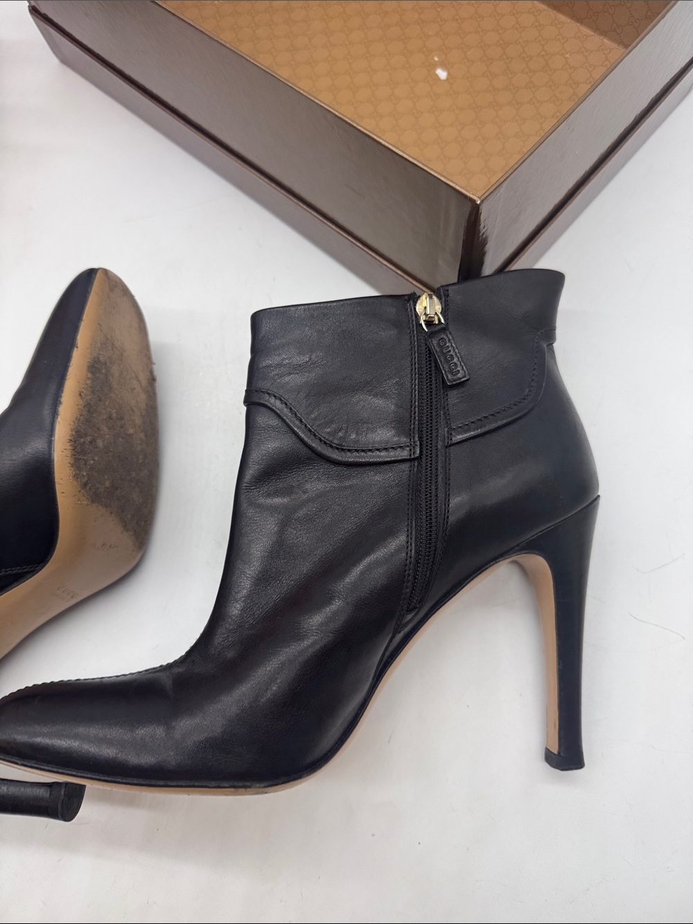Gucci Black Leather Heeled Boosts Style 163306 with box Size 8.5 - Picture 11 of 15